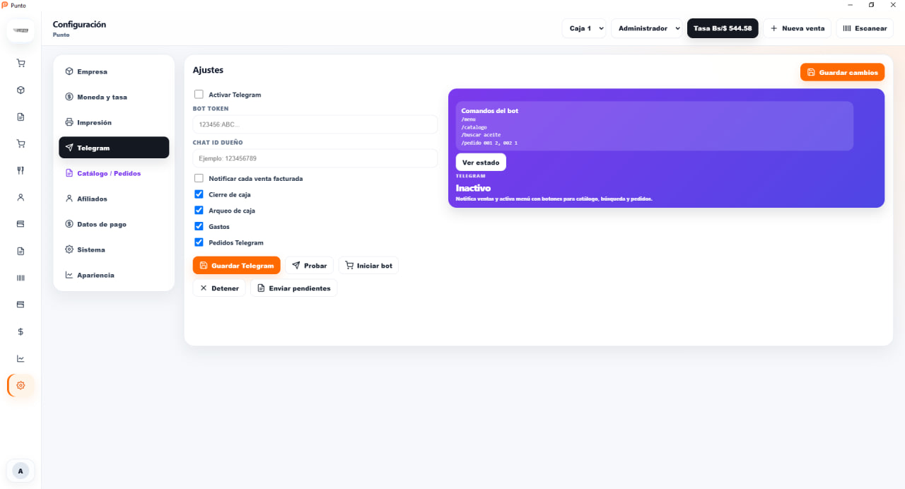 Configuración y Telegram de Punto App